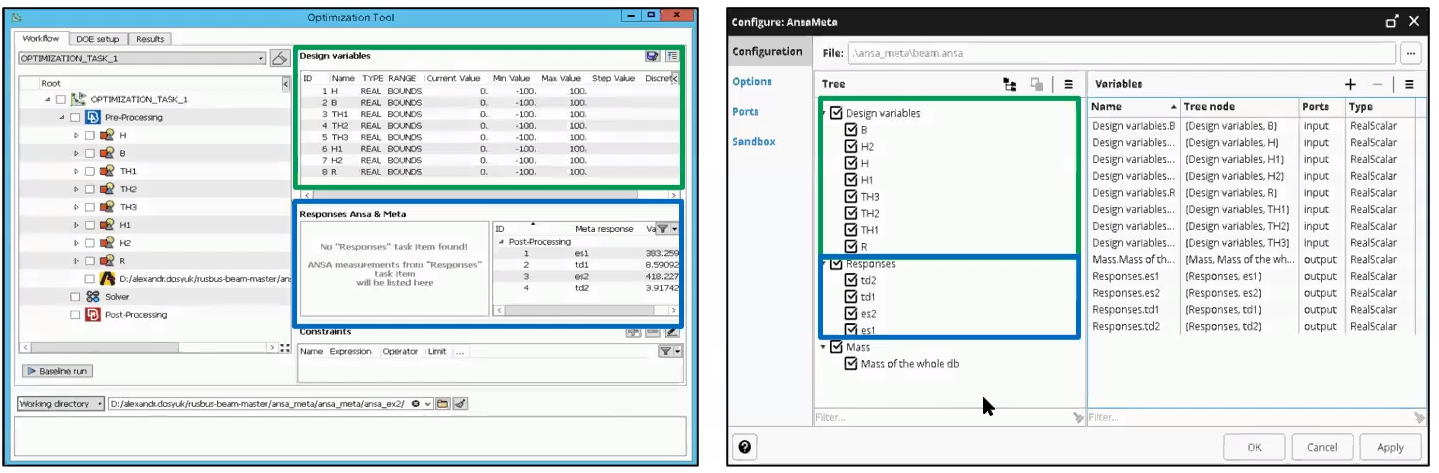 Optimization study in ANSA (left), User block interface in pSeven Desktop (right)