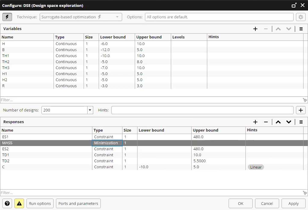Optimization setup in pSeven Desktop (Design space exploration block)