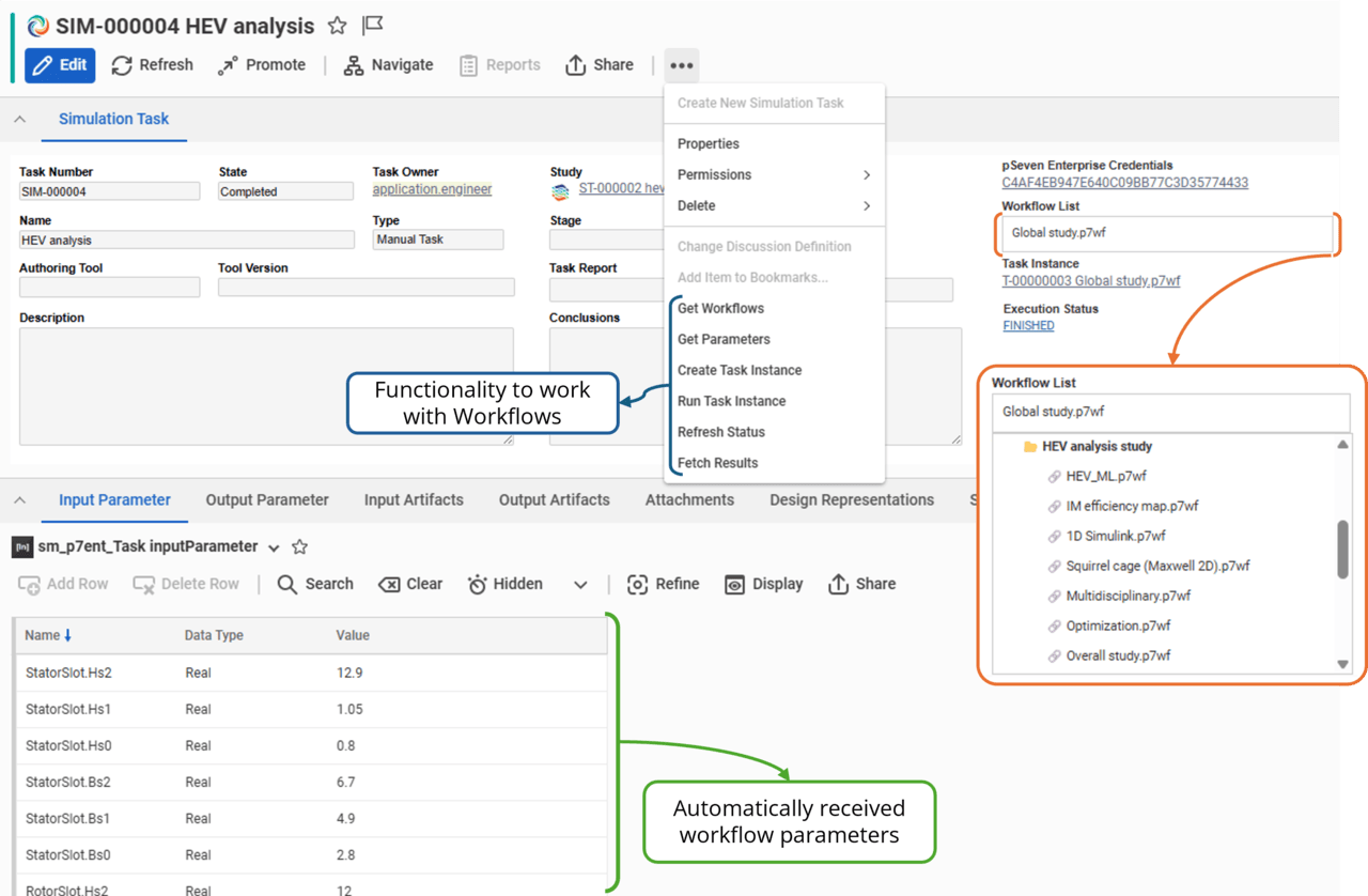 Figure 7. pSeven Enterprise integration in Aras Innovator: functionality to work with workflows