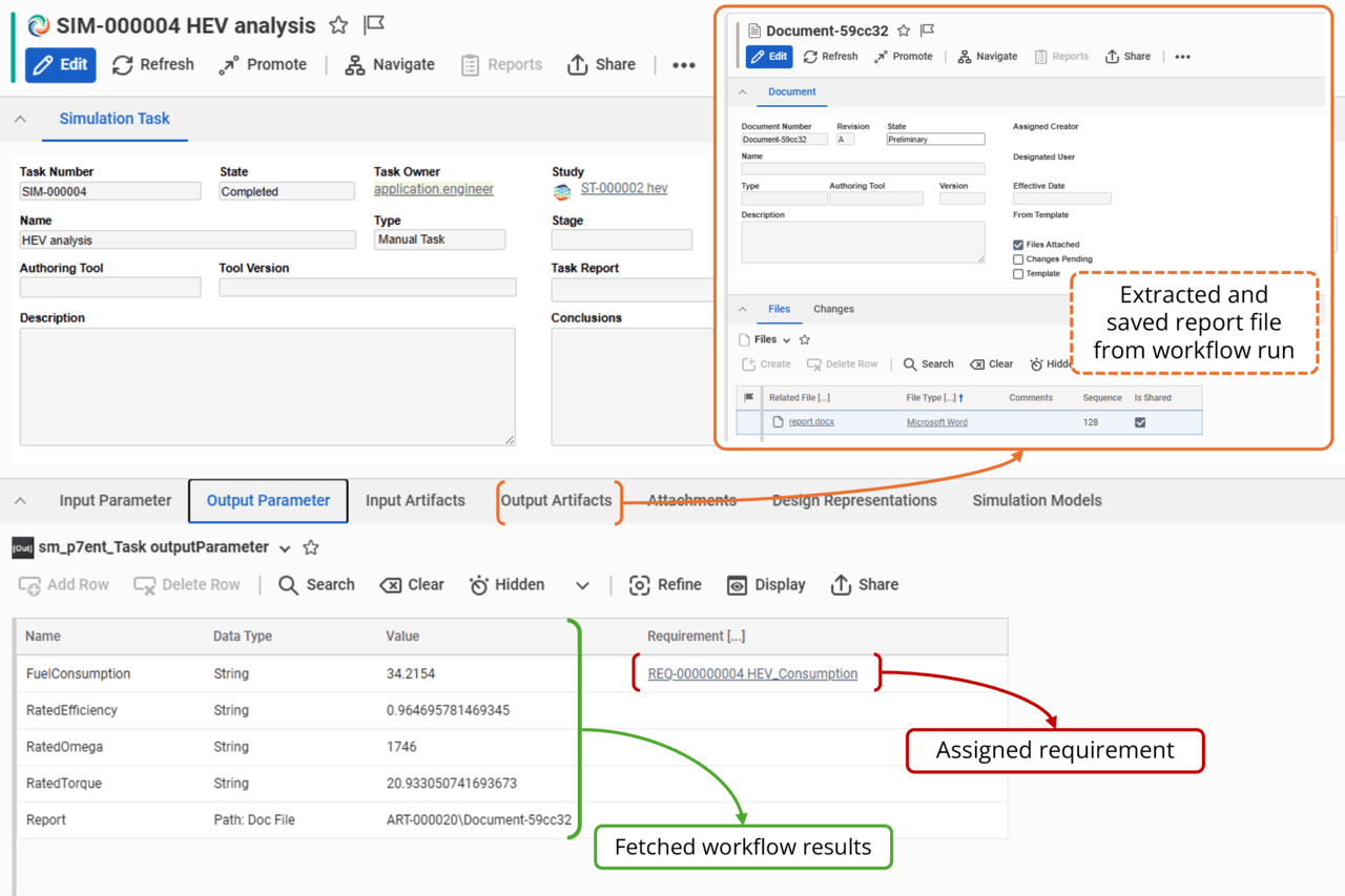 Figure 8. pSeven Enterprise integration in Aras Innovator: result files and output values