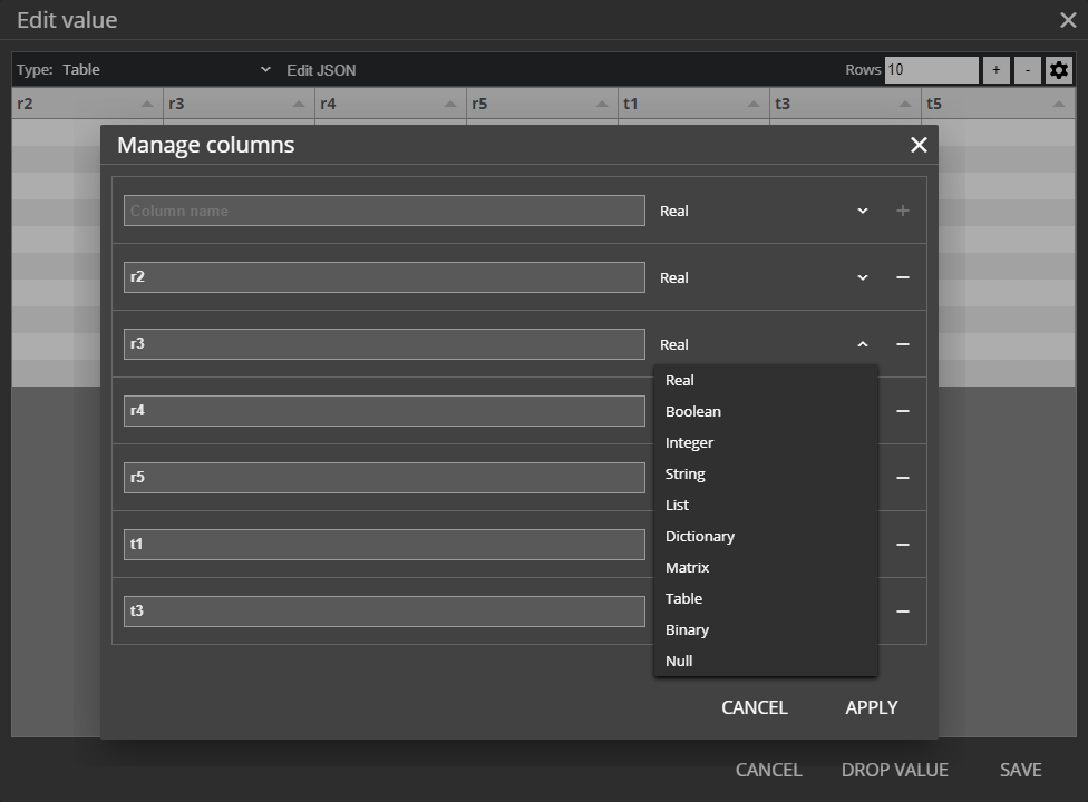 table editor in the Edit value dialog