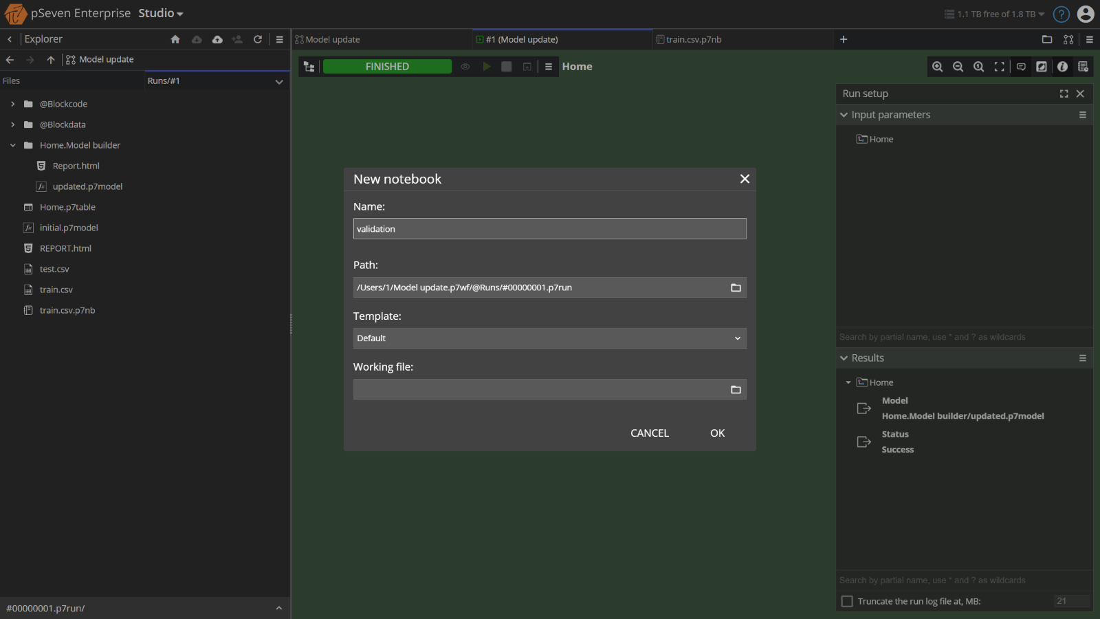Dialog to create a new notebook. We can select the name, location, template, and working file