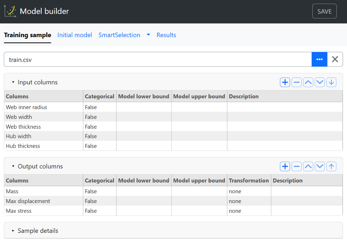 Training sample tab of Model builder GUI. Input and output columns populate automatically, saving configuration time
