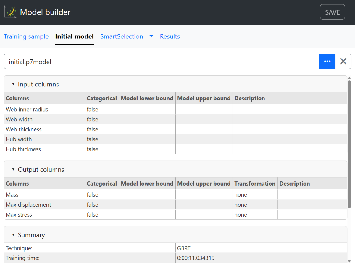 Initial model tab of Model builder block GUI with detailed information of loaded model
